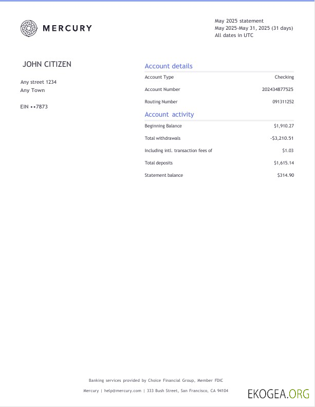 USA CA San Francisco Relevé bancaire Mercury 3 pages